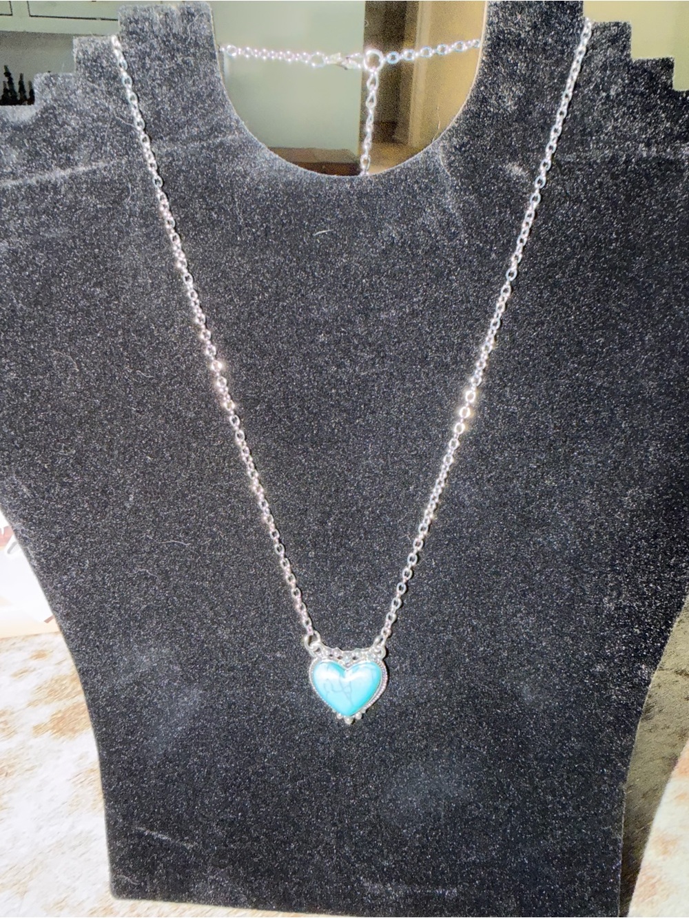 Silver Necklace with Turquoise Heart Pendant - Women Jewelry 17” w/2” extender - Picture 4 of 7